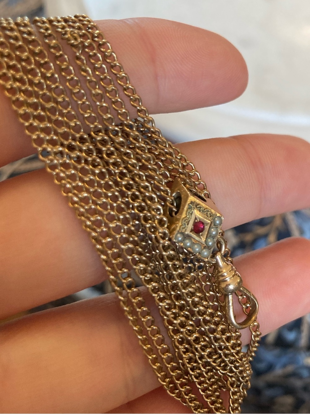 Antique Victorian 1/10 Gold Seed Pearl & Garnet Paste Watch Chain Necklace - Picture 10 of 14
